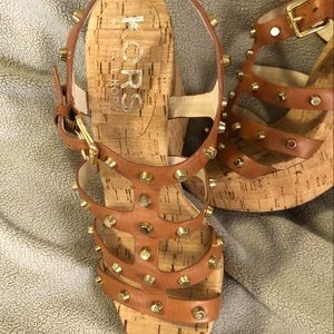 Michael Kors wedge cork sandal. Womens size 7. Camel and gold details.